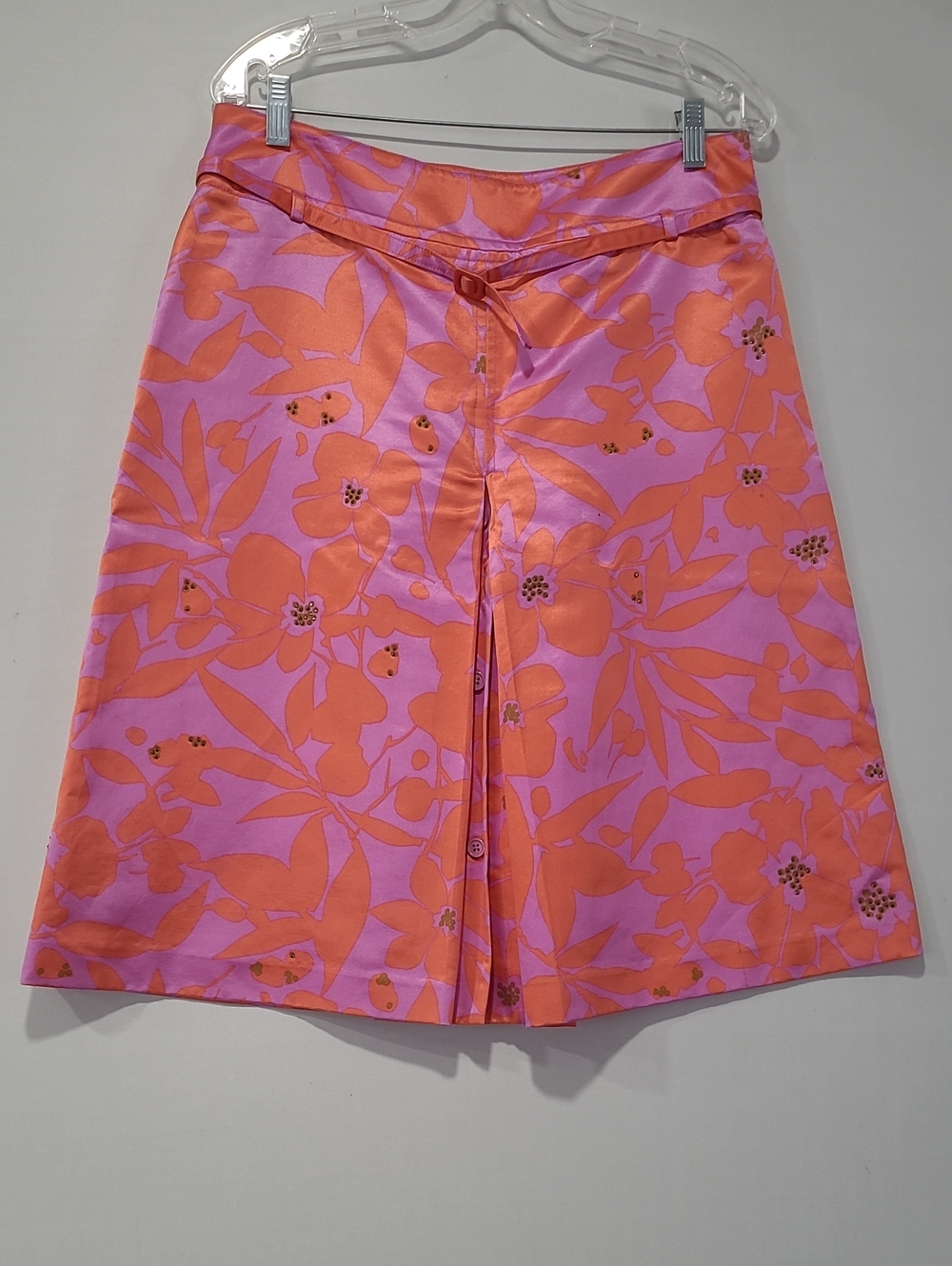 Pink and Orange Sz 10 Floral Midi A-Line Skirt Pleat Front & Back Stud Details